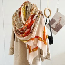 Pure 200s Cashmere Scarf Wrap Shawl Horses Print Thin Soft 78"*39" Orange