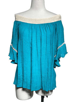 Umgee Off the Shoulder Pleated Shabby Chic Boho blouse Size Small