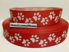 Grosgrain Ribbon Dog Cat Animal White Paw Prints on Red Collars Key Fobs 7/8"