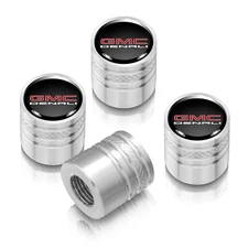 GMC Denali Nameplate in Black on Silver Aluminum Cylinder Tire Valve Stem Caps