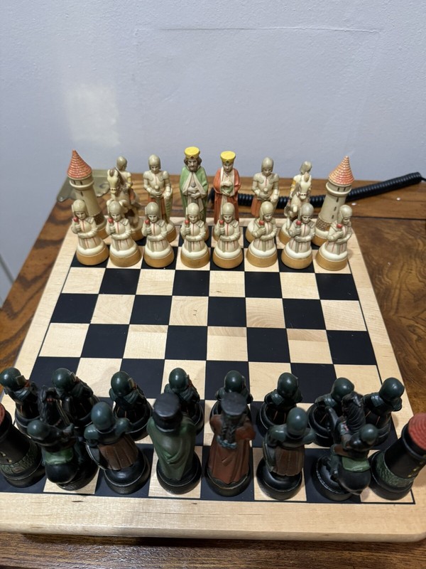 Vintage Anri Charlemagne Carved & Painted Chess Pieces  with case