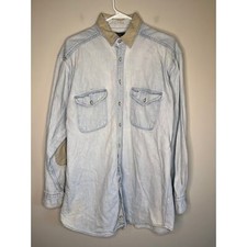1980s Woolrich Light Wash Denim Canvas Elbow Patch Distressed Grandpa Shirt L