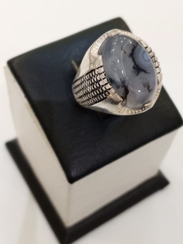 Anello uomo argento 925 inciso agata naturale dello Yemen, raro regalo Aqeeqعقيق سمائي مصور - Foto 5 di 11