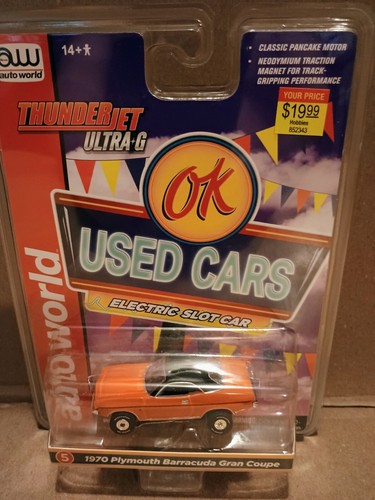 AUTO WORLD SLOT CAR OK USED CARS-1970 PLYMOUTH BARRACUDA GRAN COUPE ORANGE