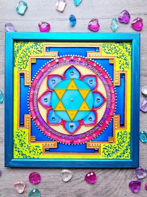Saraswati yantra with amethyst and mosaic Meditation Vedic Sacred geometry art