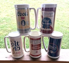 Vtg. Thermo Serv Mugs (5) Different Beers~Nice--Free Ship