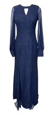 Nw Nightway Glitter Gown Size 8 Navy Keyhole Maxi Dress Long Sheer Sleeve Formal