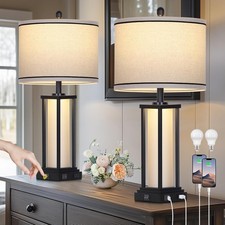27" Tall Vintage Table Lamp Set of 2 W/ USB C A  Outlet,Black Industrial End