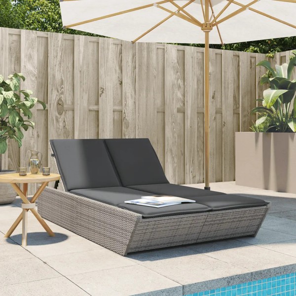 Doppel-Sonnenliege Polyrattan Grau Mit Kissen Garten Terrasse Balkon-image