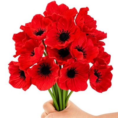 12 PCS 11 Inch Artificial Anemone Flowers PU Real Touch Fake Wedding Red
