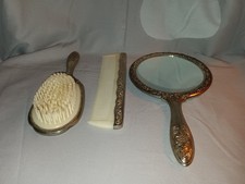 Vintage Silver Plated Round Hand Mirror, Brush Comb Dressing Set Antique
