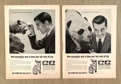 Vitalis Hair Tonic Two Vintage Print Ads 1956 Avoid Wildcat Hair Panda Hair