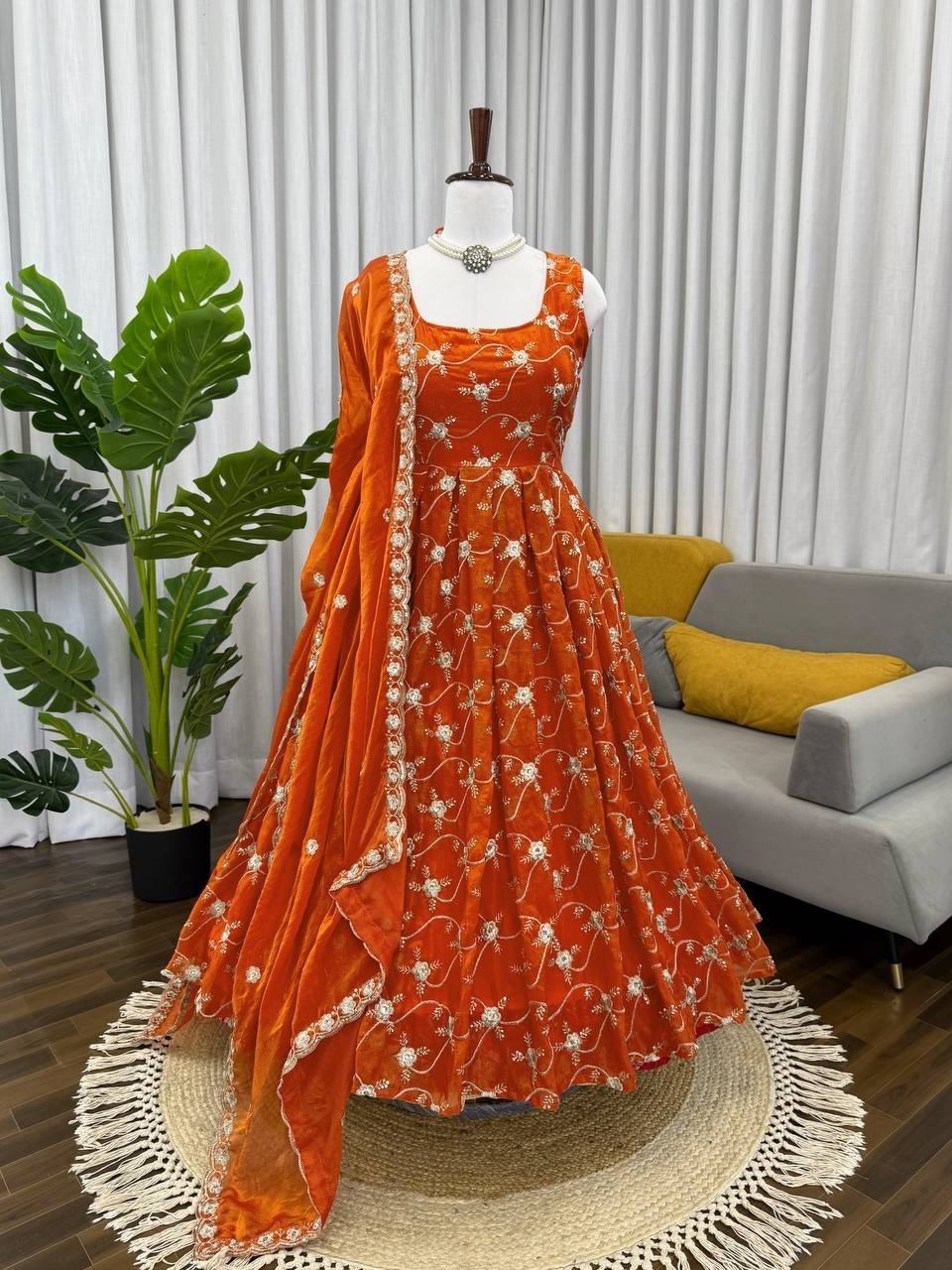 Stunning Heavy Fendy Silk Orange Gown Bottom With Dupatta For Women Wear thumbnail 3