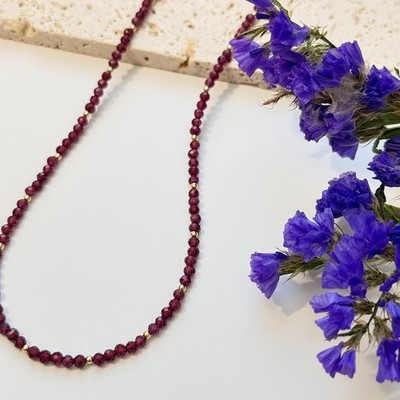 Red Garnet Faceted Round Gemstone Beads Handmade Self- Confidence Necklace 24''