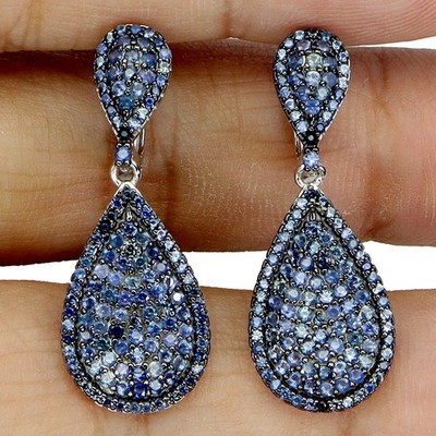 925 Sterling Silver Earrings Blue Sapphire Round Diamond Cut Gemstone Jewelry