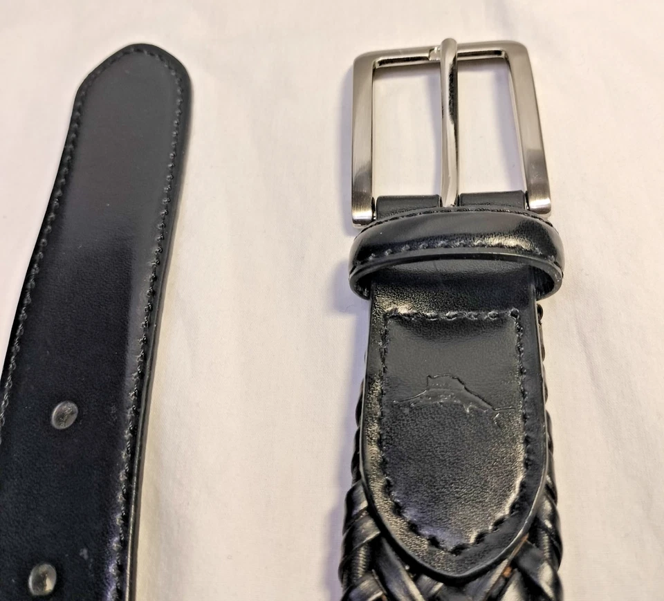 Tommy Bahama Hombre Trenzado Cinturón Cuero Negro 42/105 Hebilla Plateada Vestido Clásico Foto 3 de 4