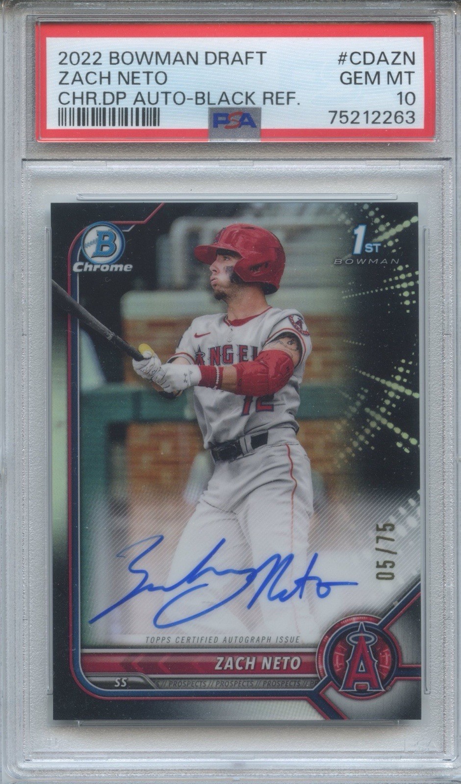PSA 10 2022 Bowman Draft Zach Neto 1st Chrome Black Refractor Auto #’d/75 Angels
