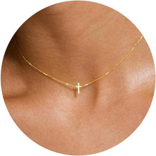 Dainty Cross Necklace for Women, 14K Gold Plated Simple Cross Choker Necklaces S