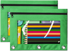 Pencil Pouch for 3 Ring Binder, 2 Pack Green 3-Holes Zipper Pencil Pouches, Stur