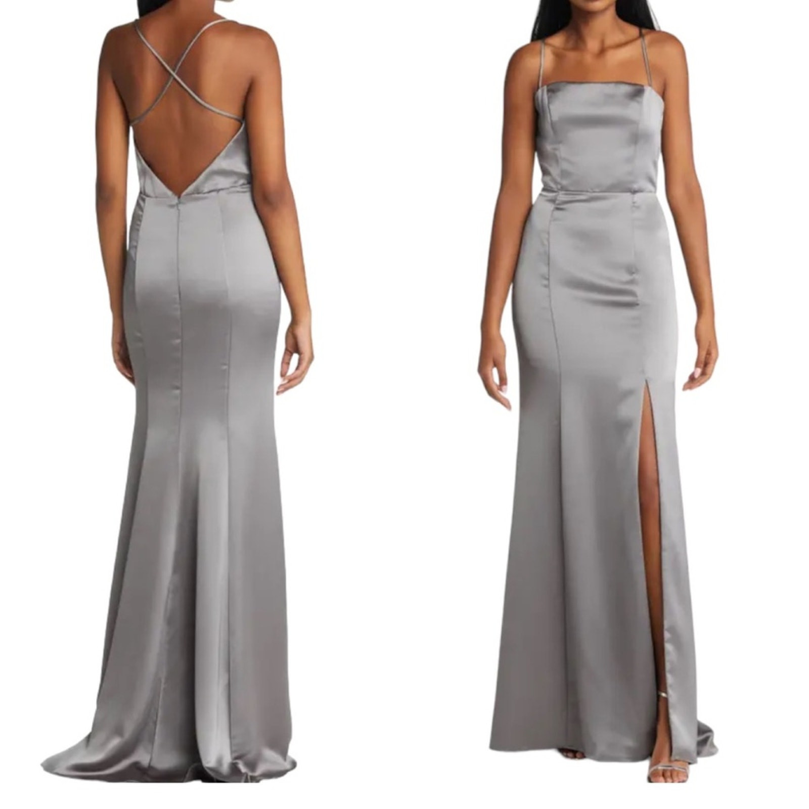Amsale Nakai Square Neck Satin Mermaid Gown in Gunmetal Gray Size 12 NWT