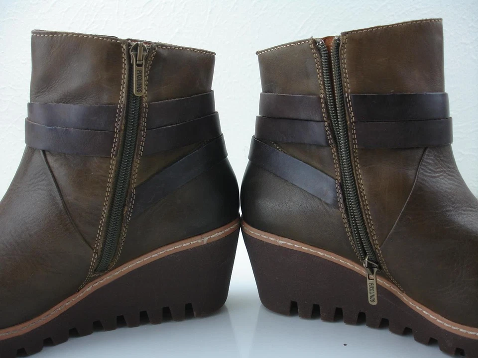 女士 8.5 39 Pikolinos Sanlucar 棕色皮革踝靴楔形背带 — 第 2/4 张图片