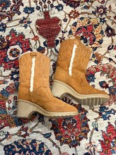 Vintage Sears Suede Shearling Lined Wedge Boots Tan 9M Chunky Heel 70s USA Cozy