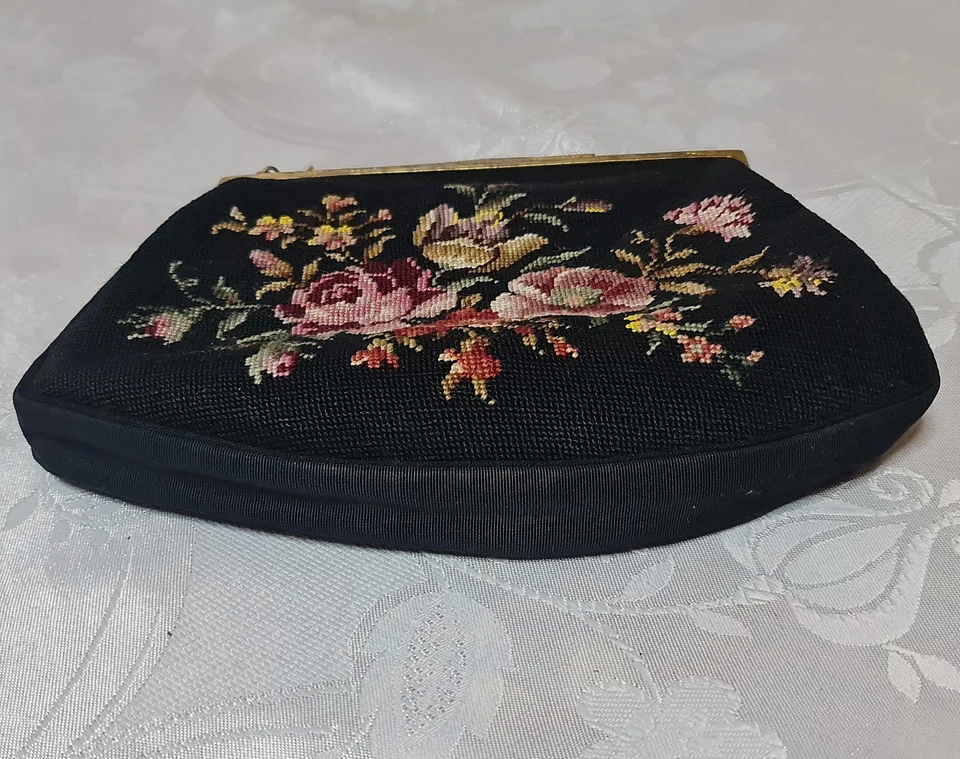 Bolso sin asas vintage auténtico estilo victoriano bordado floral negro dorado Foto 3 de 4