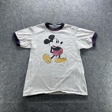 Vintage Disney Mickey Mouse Graphic Ringer Shirt Mens Small White Made USA 80s