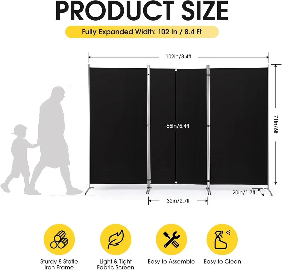3 Panel Folding Privacy Screen - 6 Ft Tall Freestanding Room Divider - Black - Image 4 of 4