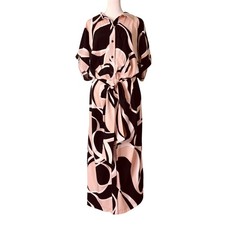 DKNY Geo Printed Belted Fit and Flare Shirt Dress Crepe Black Tan (Size 14W)