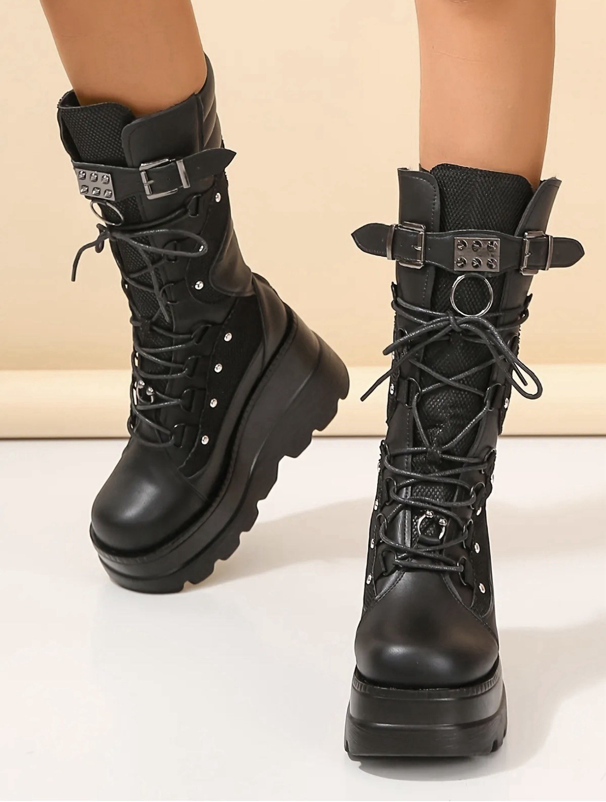 SAOLA Stivali punk donna neri eleganti incrociati stringati plateau suola morbida taglia 6 uk