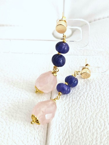orecchini in argento 925 vermeil, quarzo rosa e zaffiri naturali