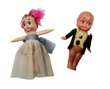 Antique Celluloid Kewpie FLAPPER  GROOM DOLLs Crepe Paper Arm Jointed 4" Japan