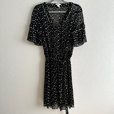 H&M Black Floral Pleated Midi Dress Ruffle Sleeves Elastic Waist Sheer Top  US 8