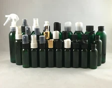 1oz,2oz,4oz Green PET Cosmo Round Plastic Bottles w Pump Spray, Disc Top Cap,etc