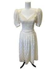 VTG 80s Jessica McClintock Gunne Sax Cream Puff Sleeve Lace Dress Victorian Sz 5