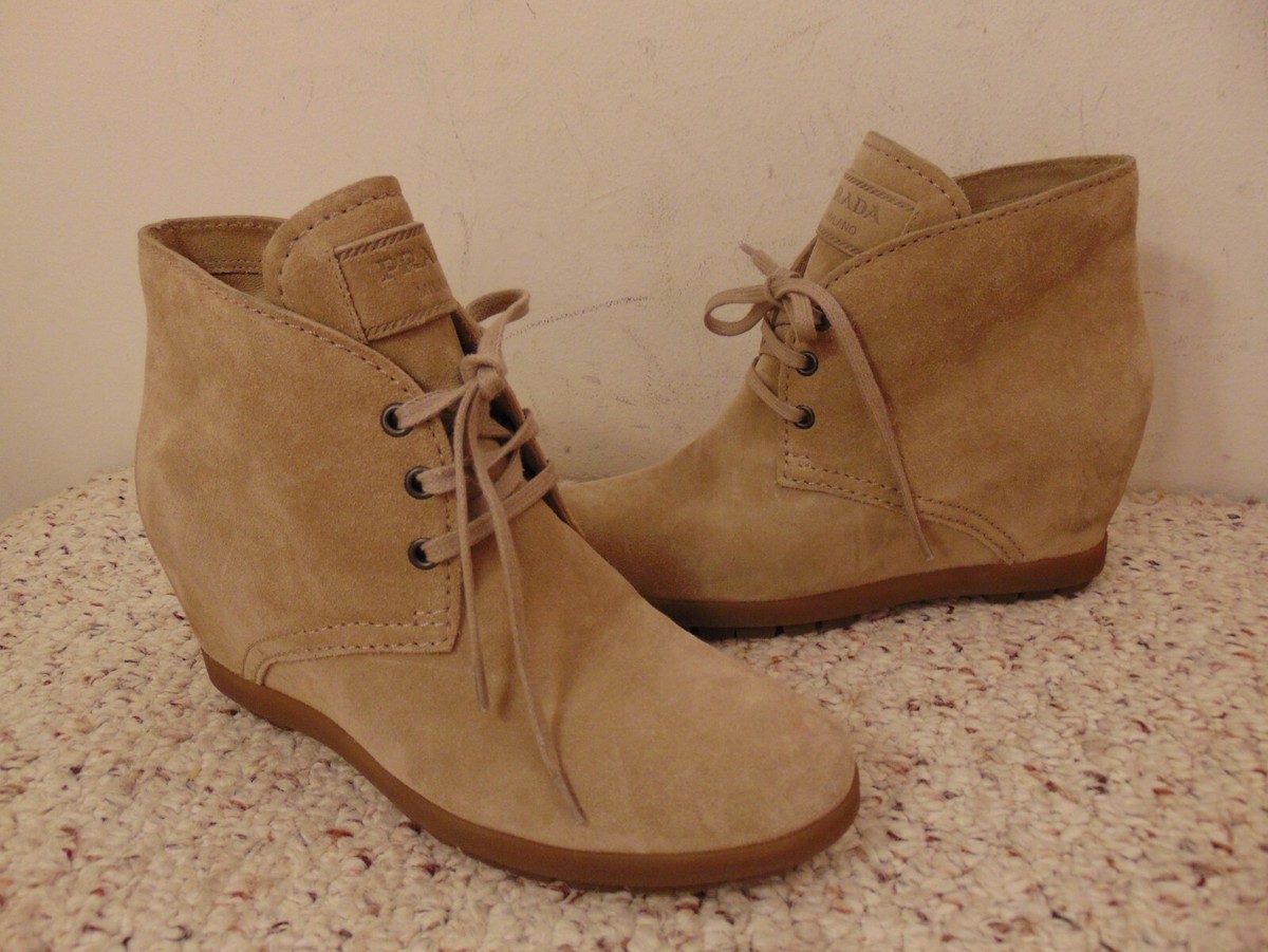 PRADA SPORT Beige Suede Lace Up Wedge Ankle Boots size 37.5 | eBay