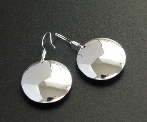 Native American Shiny Flower Sterling Silver Large Round Concho Drop Earrings - Picture 5 of 6
