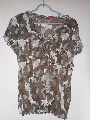 Womens Size 10 cap sleeve sheer lace up blouse shades of grey floral by S.Oliver