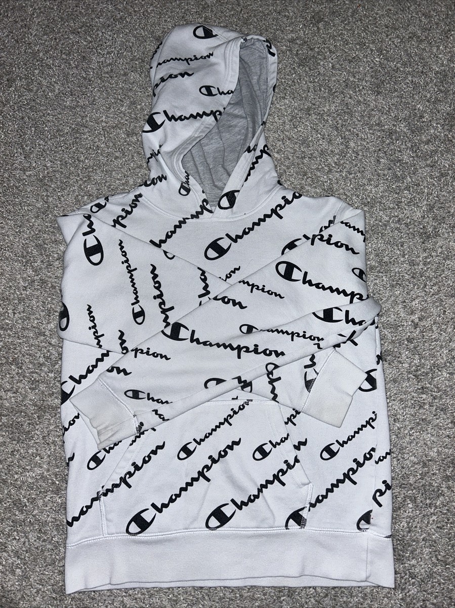 White Champion Hoodie Youth Extra Large Blue Logo All Over Print