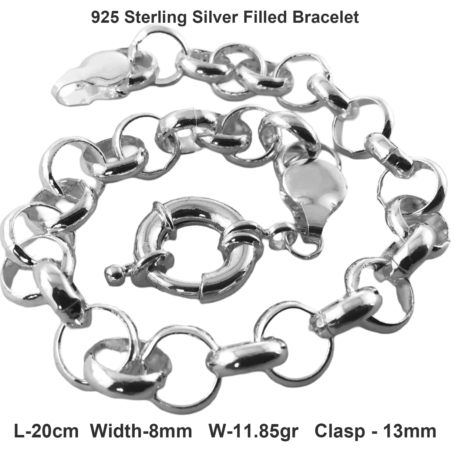 Bangle Real 925 Sterling Silver Filled Solid Belcher Rolo Boltring Bracelet 20cm-image