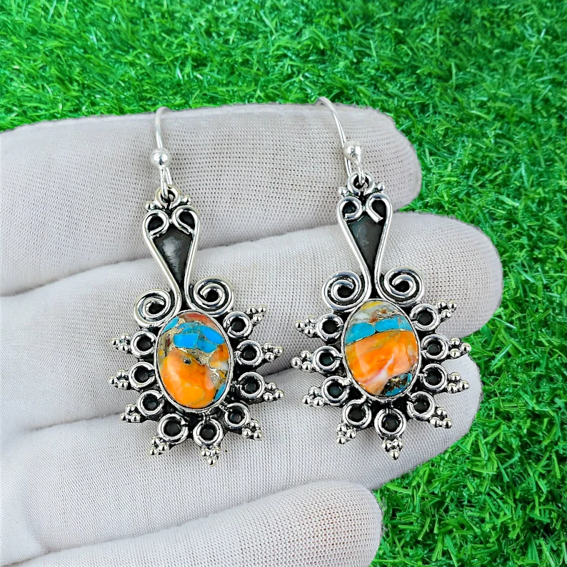 Pendientes hechos a mano de plata de ley 925 con piedras preciosas turquesa ostra Foto 2 de 3