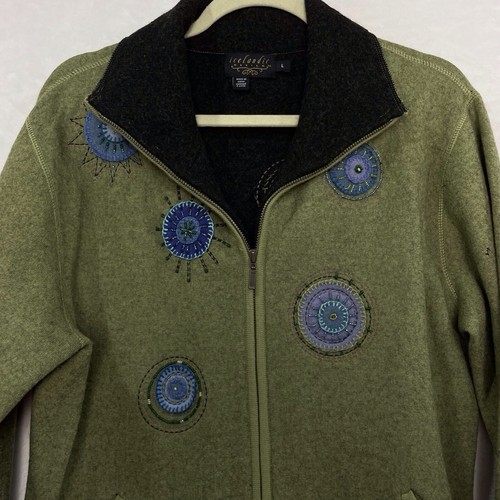 Icelandic Design Full Zip Boiled Wool Sweater Jacket L Beaded Circles Green READ - Picture 2 of 15