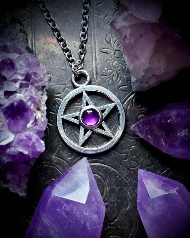 Amethyest Pentagram Necklace Wiccan Jewelry Pentacle Necklace Pagan Jewelry
