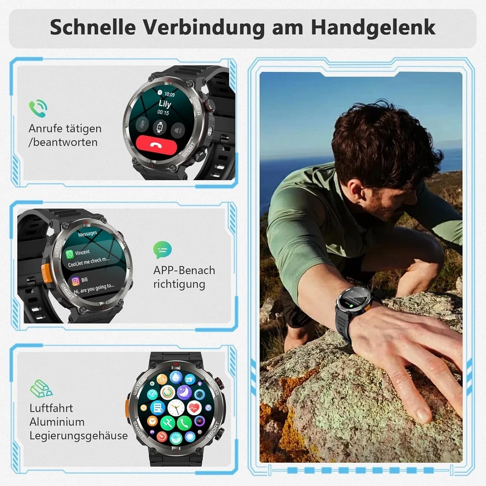 Militär Smartwatch Herren 960MAH mit Telefonfunktion Kompass Uhr für Android iO - Bild 4 von 4