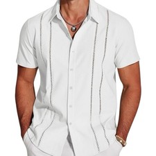 Coofandy Mens Cuban Guayabera Shirt White Short Sleeve NWT Embroidered Large