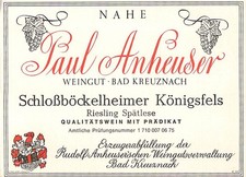 Paul Anheuser Schlobbockelheimer Konigsfels Germany 1970s 1980s Vtg Wine Label