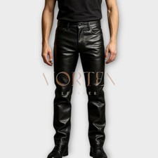 New Men's Biker Pents Real Black Cowhide Leather Motorcycle Style Pants