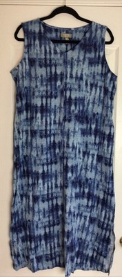 Denim and Co. naturals V-neck blue printed Side Split He Middy dress W pockets L