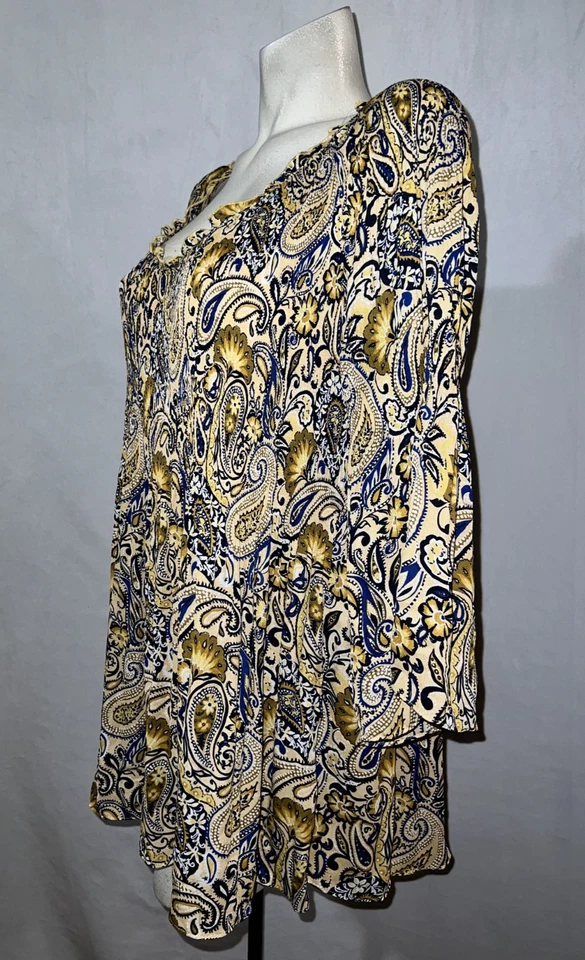 Ninety Clothing Co Top Plus 1X Blue Mustard Paisley Bell Sleeve Boho Blouse - Image 4 of 4